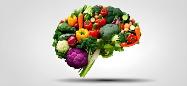 Healthy lifestyle concept with a brain made of vegetables on white background