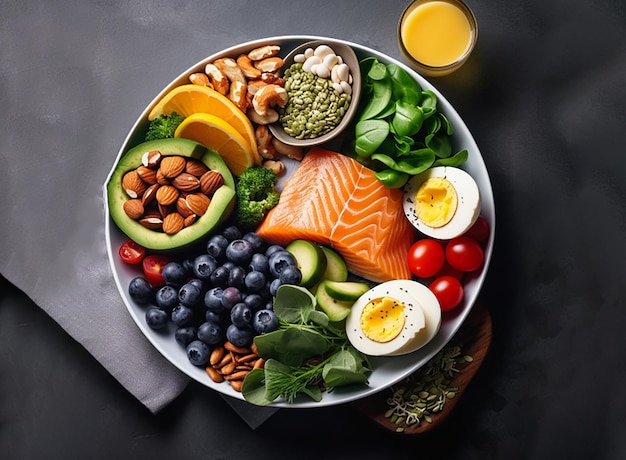 健康的なライフ スタイル ダイエット食品のコンセプト木製テーブルの上の新鮮な有機果物と野菜の平面図