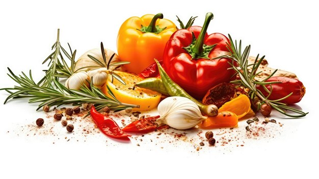 A healthy lifestyle food and beverage concept Herbs and spices from Italy Peppers tomatoes and rosemary are some of the ingredients in this dish seeking for something alone on white