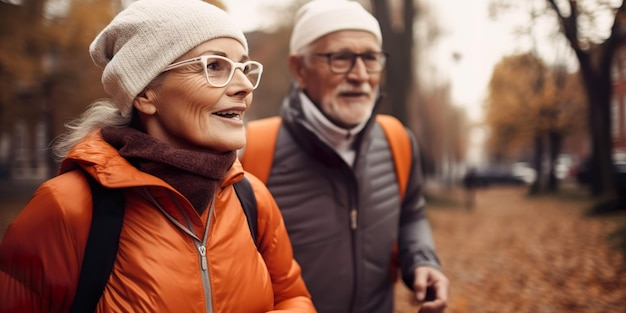 Healthy lifestyle Happy senior couple jogging in the autumn park Lifestyle lovely senior with warmth and smile Generate Ai