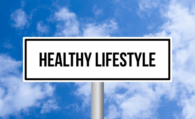 Healthy lifestyle road sign on sky background