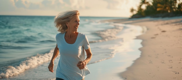 Healthy lifestyle a senior old woman running at the beach shore at sunny day AI generated image