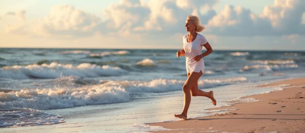 Healthy lifestyle a senior old woman running at the beach shore at sunny day AI generated image