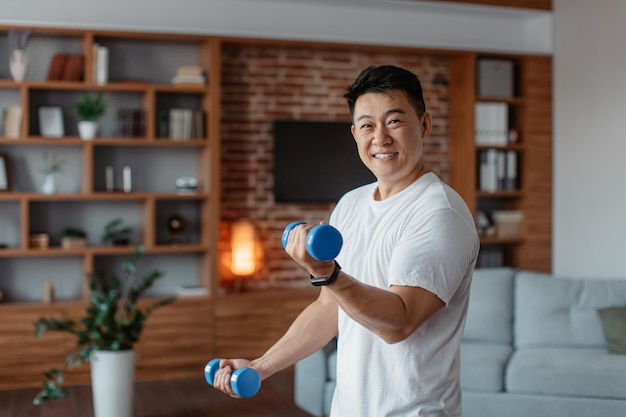 Healthy lifestyle sports at home concept Happy asian mature man lifting dumbbells exercising in living room interior