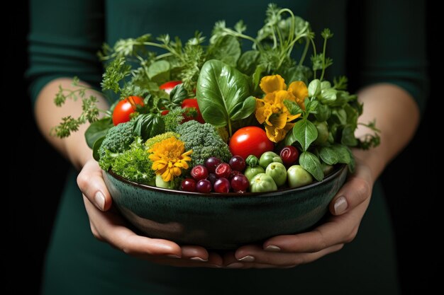 健康的なライフスタイル 緑の服を着た女性 野菜の皿で栄養のある食べ物を食べています