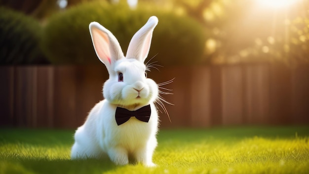 Photo healthy lovely fluffy rabbit at nature adorable baby bunny in a bow tie in sun cinematic lighting