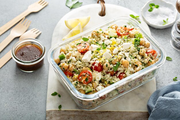 Healthy low carb salad with cauliflower rice and chickpeas