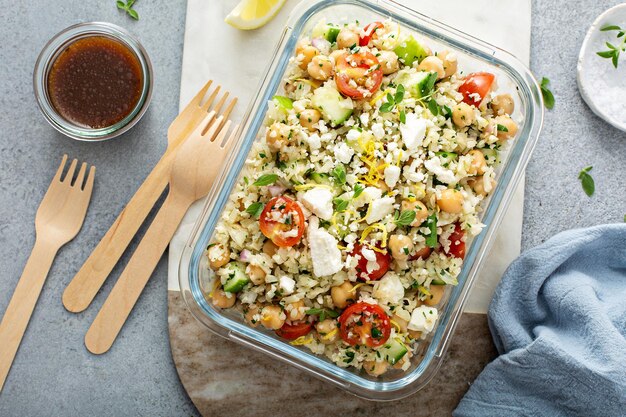 Photo healthy low carb salad with cauliflower rice and chickpeas