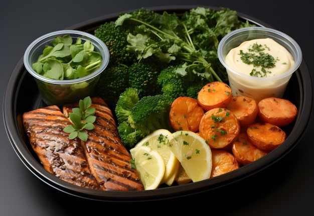 Healthy lunch bowl with grilled salmon vegetables and sauce on black background