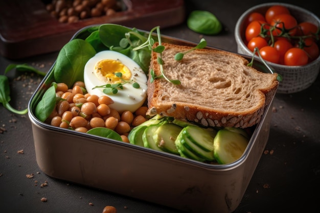 Healthy Lunch In Box With avocado chickpeas egg and bread Generative AI