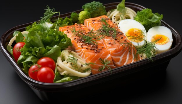 Healthy lunch box with salmon eggs and vegetables on black background