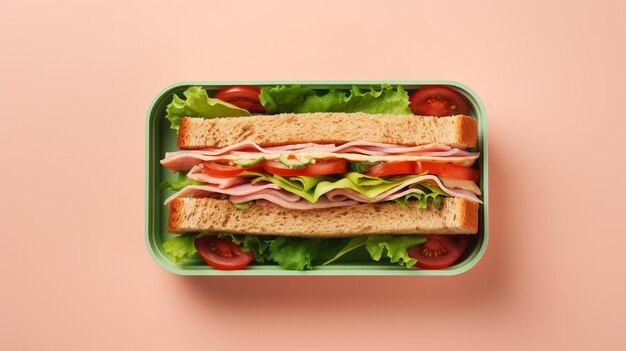 healthy lunch box with tasty food on color background