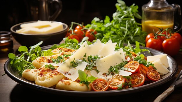 홈메이드 파스타 토마토 소스와 파마산 치즈를 곁들인 건강한 런치 플레이트