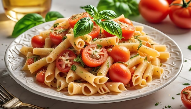 Healthy lunch vegetarian pasta with fresh tomato generated by AI wallpaper