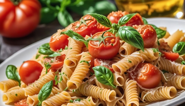 Healthy lunch vegetarian pasta with fresh tomato generated by AI wallpaper