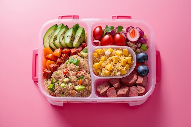 Photo healthy lunch with bulgur meat and fresh vegetables and fruit on a pink surface fitness and healthy lifestyle concept lunchbox top view