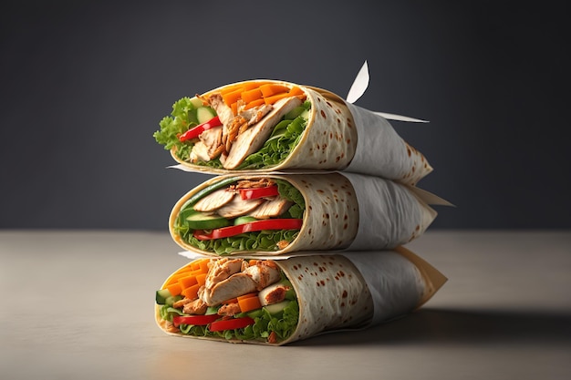 Healthy lunchtime treat stack of grilled buffalo chicken fillet and fresh vegetables in fajita tortilla wrappers on a light grey background