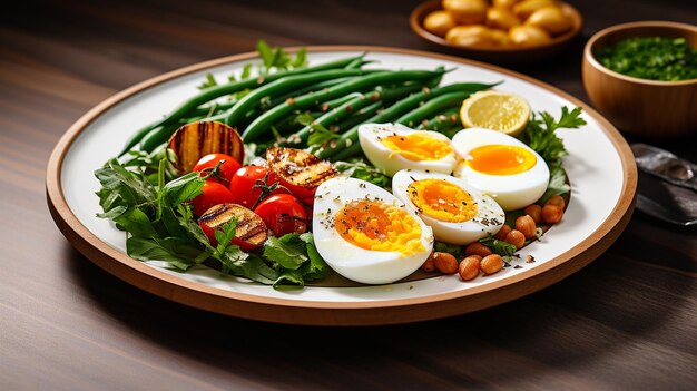 Healthy Meal Beans with Vegetables and Boiled Egg on a Plate