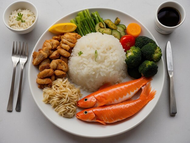 写真 健康的な食事 焼いたサーモン魚と野菜のランチプレート