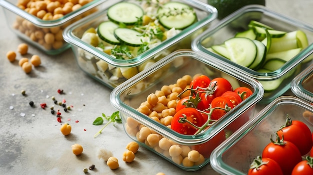 Healthy meal prep containers with chickpeas chicken tomatoes cucumbers and avocad Generative AI