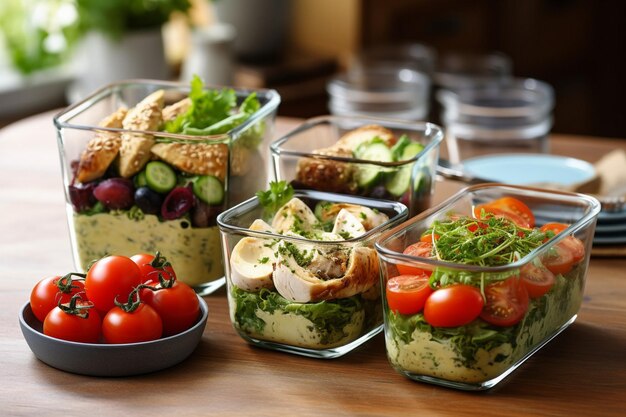 Photo a healthy meal prep setup with containers filled with chicken salad