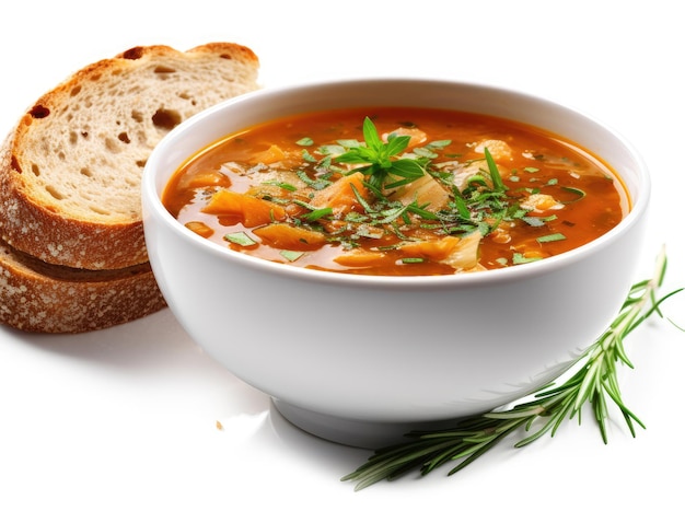 Healthy meal vegetable soup bread and fresh herbs isolated on white background