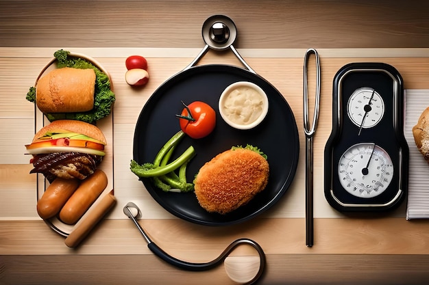 A healthy meal with a diet scale and a clock on the side.