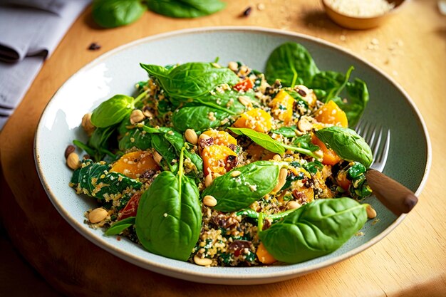 Healthy meals for dinner in form of quinoa salad with spinach