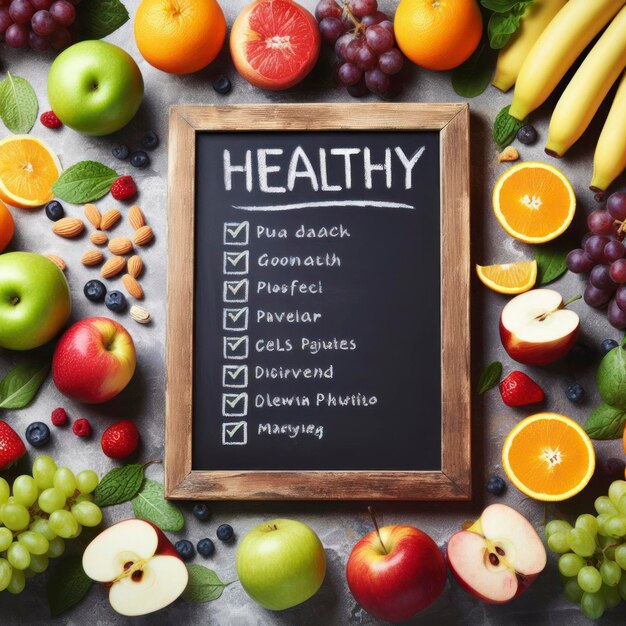 Healthy Menu Blank chalkboard surrounded by an array of fresh fruits ai generative