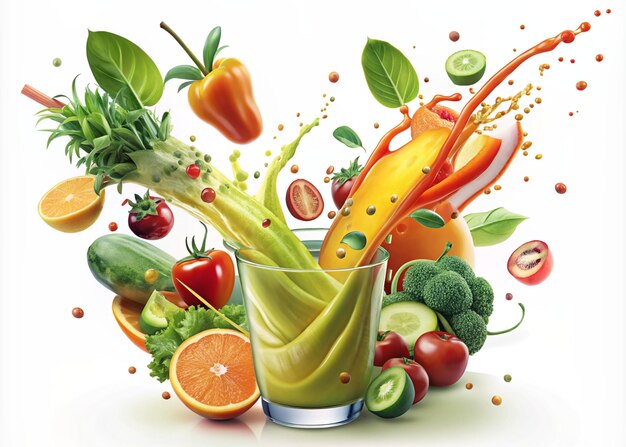 A healthy mix of fruits and vegetables in a glass of juice