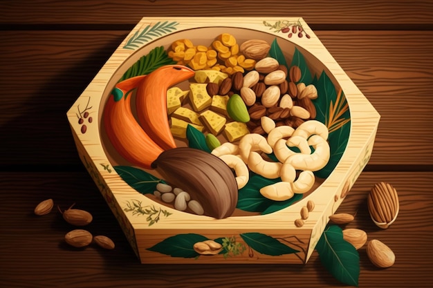 Healthy mix nuts on wooden background Almonds hazelnuts cashews peanuts brazilian nuts