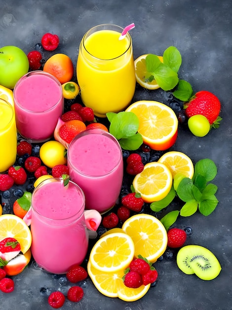 Healthy mixed fruit smoothy juice fresh fruits healthy juicy vitamin drink diet or vegan food idea