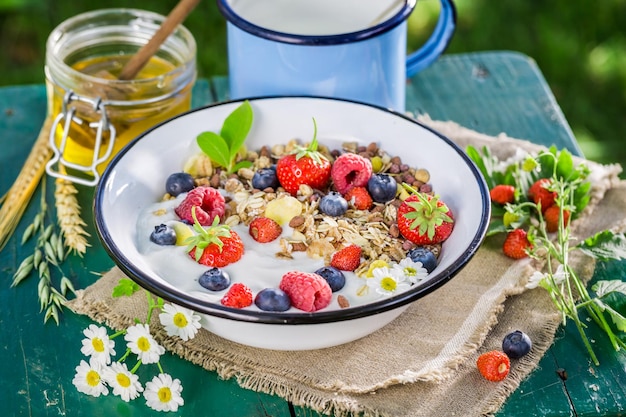 Healthy muesli with berry fruits and yogurt