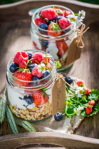 Healthy muesli with yogurt and berry fruits in sunny day