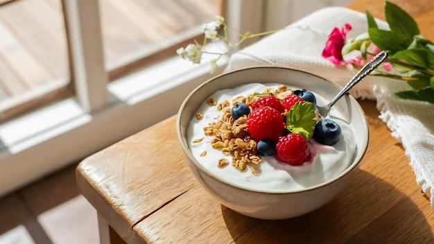 Healthy natural yoghurt on a wooden table