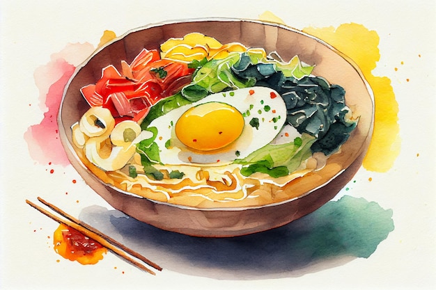 Healthy noodles egg and vegetable drawing with bit of watercolor generative ai