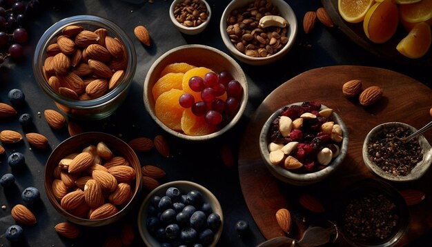 Фото Здоровая ореховая миска со свежими органическими фруктами, созданная искусственным интеллектом