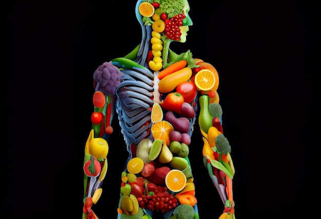 Healthy nutrition and diet concept Human body made of fresh fruits and vegetables Generate Ai