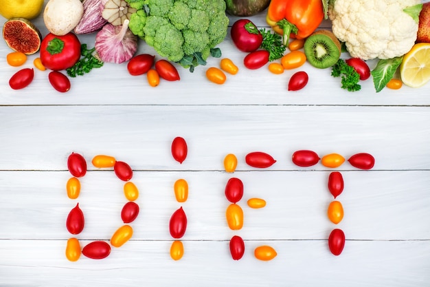 Nutrizione sana e concetto di dieta, vista dall'alto di verdure