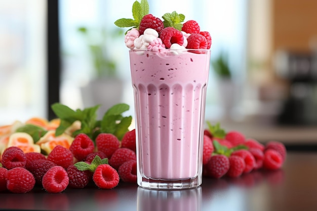 Healthy nutritious smoothie in glass on table right position for refreshing beverage concept