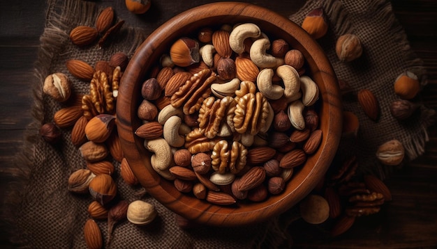 Healthy nuts in a wooden bowl generated by AI