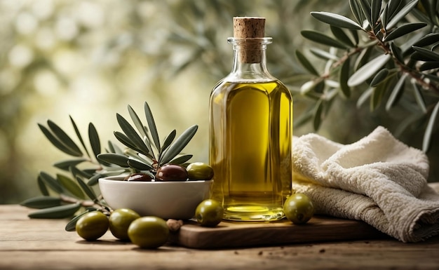 Healthy olive oil in a glass bottle