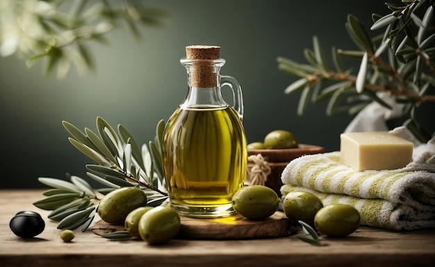 Healthy olive oil in a glass bottle