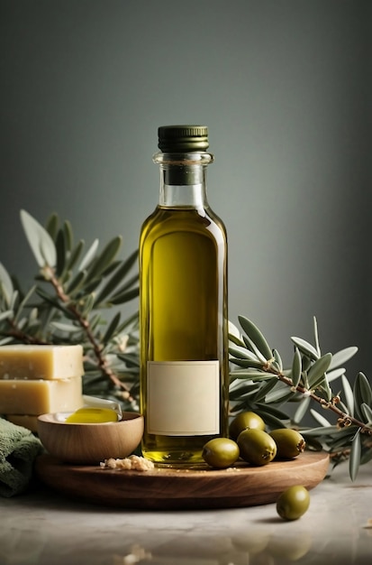 Healthy olive oil in a glass bottle