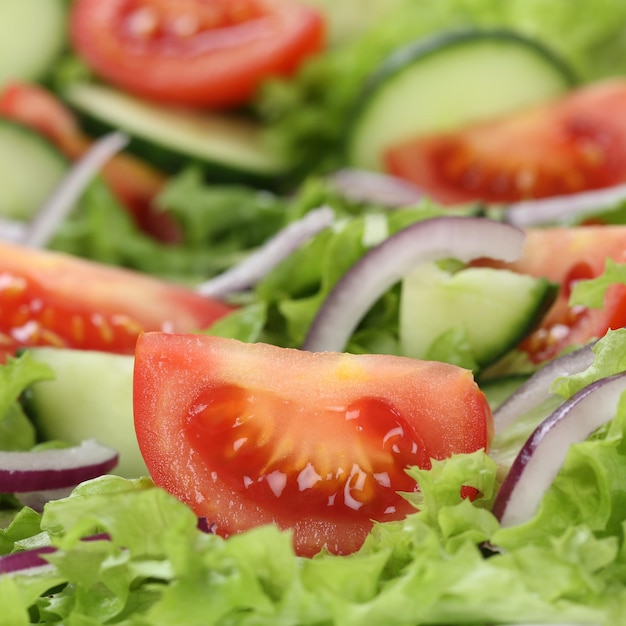 Foto mangiare biologico sano insalata verde con pomodori e cipolle