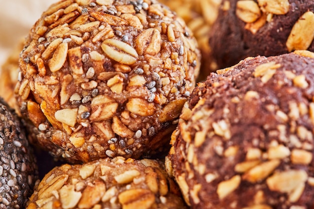 Healthy organic energy balls with muesli, nuts, cocoa, chia and honey