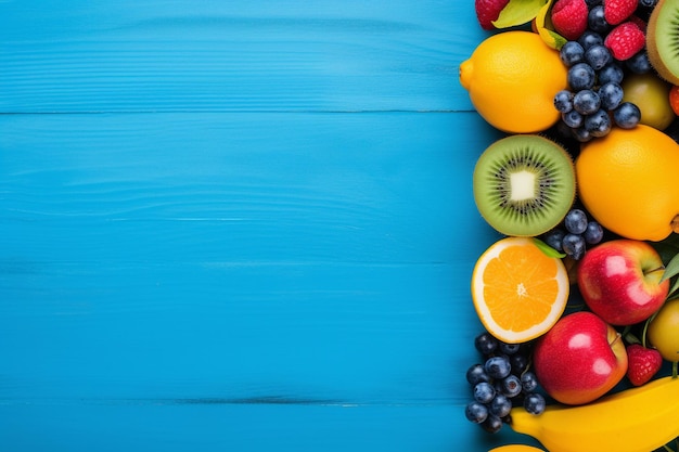 Photo healthy organic food on a blue wooden background vegetables and fruits top view free copy space