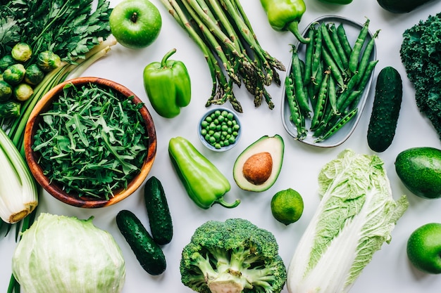 Healthy organic green food, assortment of fresh vegetables on the table.