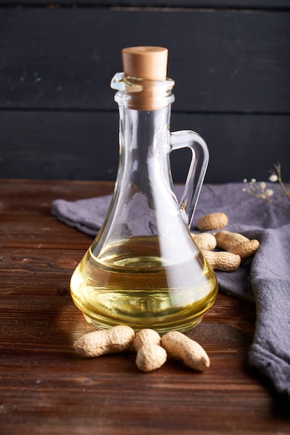 Healthy Peanut oil in glass bottles.