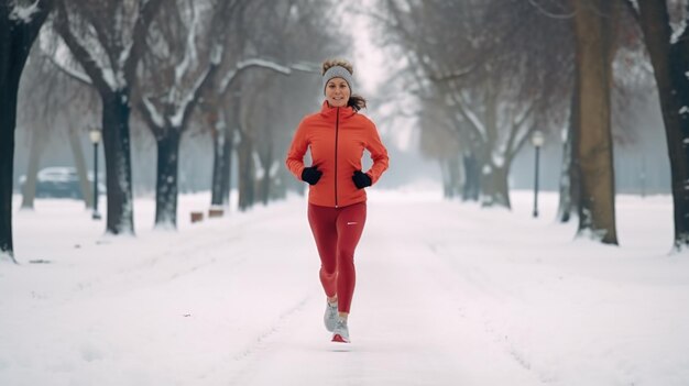 Photo healthy person running in public park in winter comeliness practicing fitness and strength